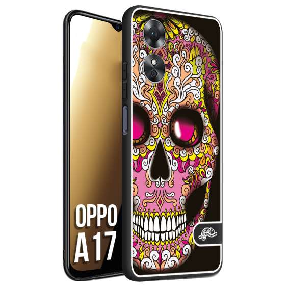 CUSTOMIZZA - Custodia cover nera morbida in tpu compatibile per Oppo A17 teschio messicano Mexican skull rosa gialla