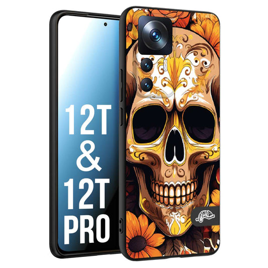 CUSTOMIZZA - Custodia cover nera morbida in tpu compatibile per Xiaomi 12T - 12T PRO teschio messicano colorato dorato fiori tattoo disegnato