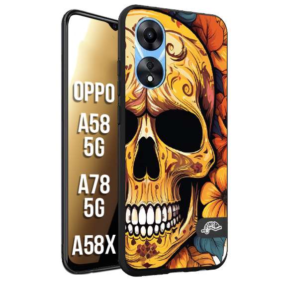 CUSTOMIZZA - Custodia cover nera morbida in tpu compatibile per Oppo A58 5G - A78 5G - A58X teschio messicano colorato dorato fiori autunnali disegnato