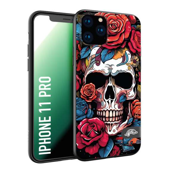 CUSTOMIZZA - Custodia cover nera morbida in tpu compatibile per iPhone 11 PRO teschio skull flowers fiori rose rosse tattoo disegnato