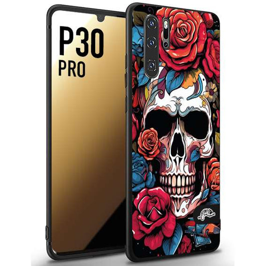 CUSTOMIZZA - Custodia cover nera morbida in tpu compatibile per Huawei P30 PRO teschio skull flowers fiori rose rosse tattoo disegnato