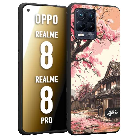 CUSTOMIZZA - Custodia cover nera morbida in tpu compatibile per Oppo Realme 8 - 8 PRO casa giapponese rosa ciliegio in fiore disegnata tattoo