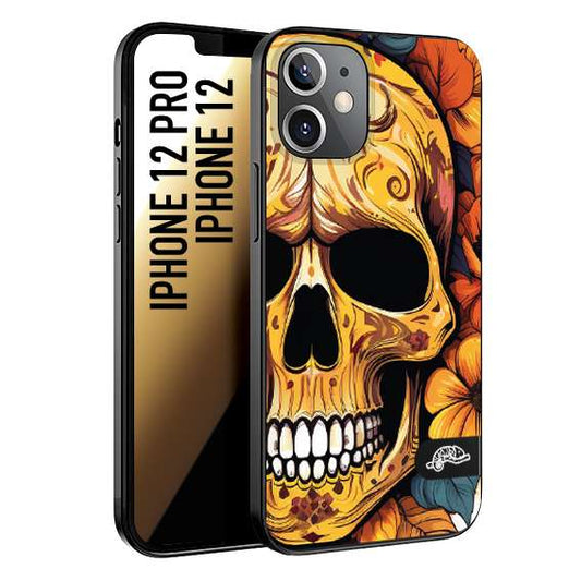 CUSTOMIZZA - Custodia cover nera morbida in tpu compatibile per iPhone 12 - 12 PRO teschio messicano colorato dorato fiori autunnali disegnato