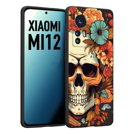 CUSTOMIZZA - Custodia cover nera morbida in tpu compatibile per Xiaomi 12 5G teschio skull flowers fiori autunnali arancio celeste tattoo