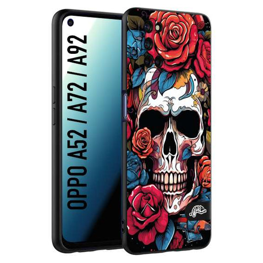 CUSTOMIZZA - Custodia cover nera morbida in tpu compatibile per Oppo A52 - A72 - A92 teschio skull flowers fiori rose rosse tattoo disegnato