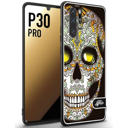 CUSTOMIZZA - Custodia cover nera morbida in tpu compatibile per Huawei P30 PRO teschio messicano Mexican skull bianco verde giallo