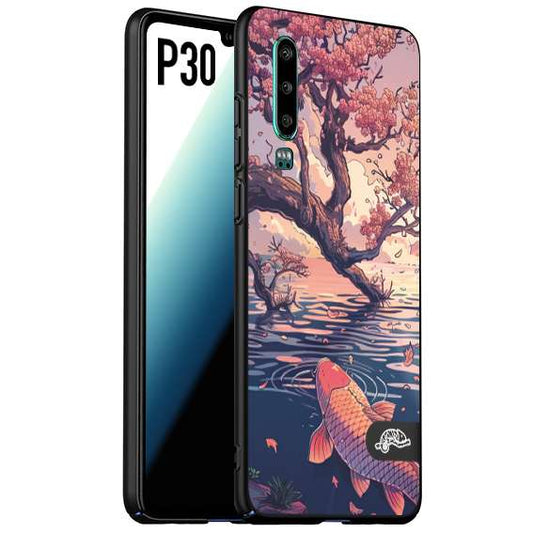 CUSTOMIZZA - Custodia cover nera morbida in tpu compatibile per Huawei P30 giapponese lago carpa koi rosa con foglie d'acero disegnata tattoo