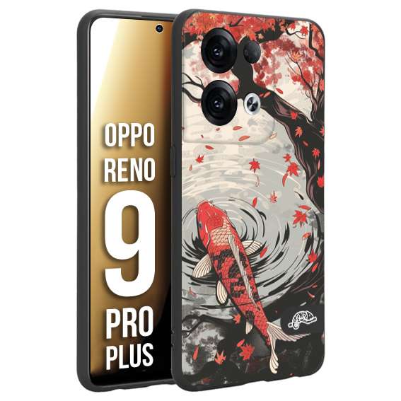 CUSTOMIZZA - Custodia cover nera morbida in tpu compatibile per Oppo Reno 9 PRO PLUS giapponese lago carpa koi rossa con foglie d'acero rosso disegnata tattoo