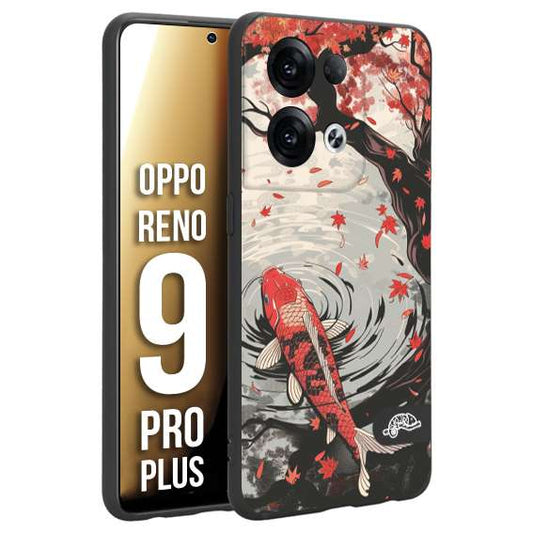 CUSTOMIZZA - Custodia cover nera morbida in tpu compatibile per Oppo Reno 9 PRO PLUS giapponese lago carpa koi rossa con foglie d'acero rosso disegnata tattoo