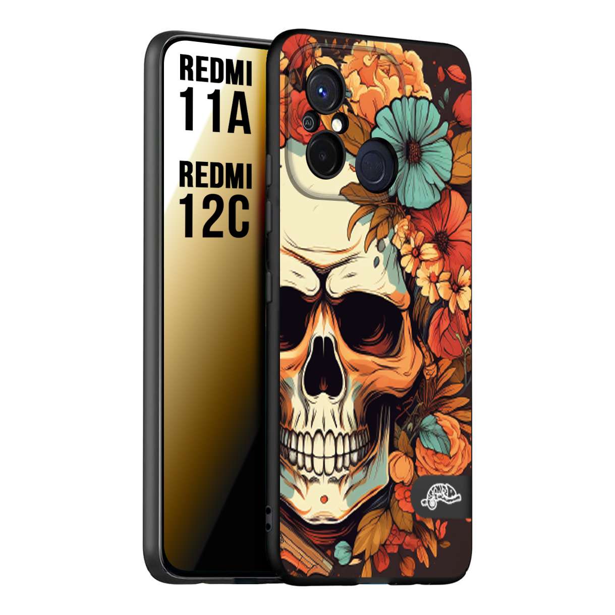 CUSTOMIZZA - Custodia cover nera morbida in tpu compatibile per Xiaomi Redmi 11A - 12C teschio skull flowers fiori autunnali arancio celeste tattoo