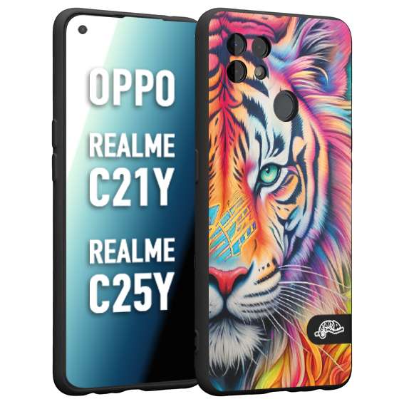 CUSTOMIZZA - Custodia cover nera morbida in tpu compatibile per Oppo Realme C21Y - C25Y animali color tigre tiger viso colori vibranti disegnato schizzo