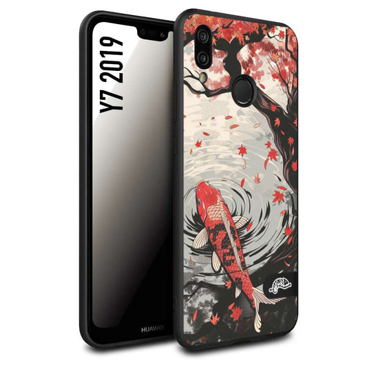 CUSTOMIZZA - Custodia cover nera morbida in tpu compatibile per Huawei Y7 2019 giapponese lago carpa koi rossa con foglie d'acero rosso disegnata tattoo