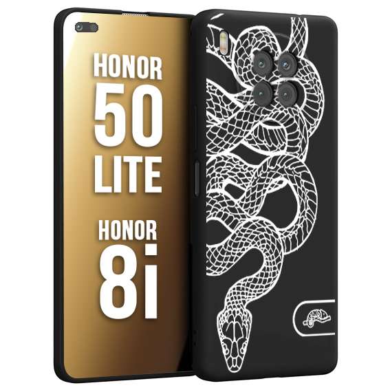 CUSTOMIZZA - Custodia cover nera morbida in tpu compatibile per Honor 8i - Honor 50 LITE serpente snake bianco a rilievo disegnato tattoo tatuaggio