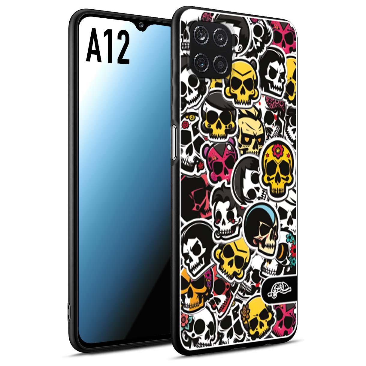 CUSTOMIZZA - Custodia cover nera morbida in tpu compatibile per Samsung A12 sticker bomb teschi colorati adesivi skulls skater snowboard