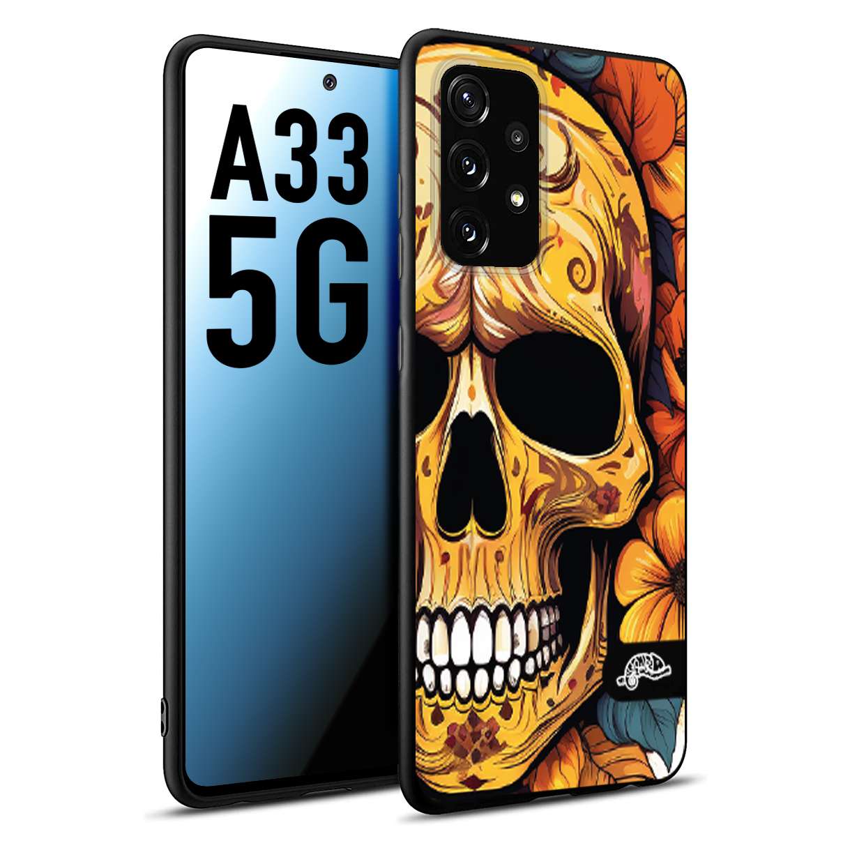 CUSTOMIZZA - Custodia cover nera morbida in tpu compatibile per Samsung A33 5G teschio messicano colorato dorato fiori autunnali disegnato