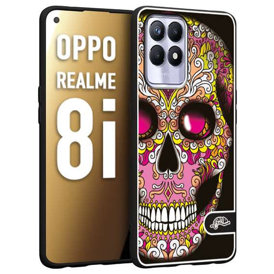 CUSTOMIZZA - Custodia cover nera morbida in tpu compatibile per Oppo Realme 8i teschio messicano Mexican skull rosa gialla