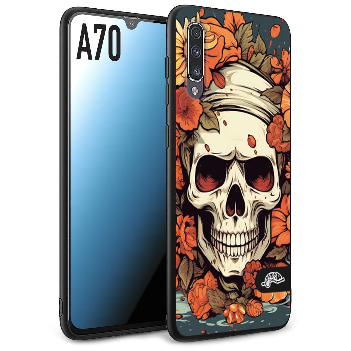 CUSTOMIZZA - Custodia cover nera morbida in tpu compatibile per Samsung A70 teschio skull flowers fiori tattoo disegnato alta definizione