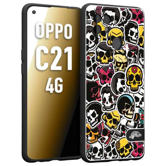 CUSTOMIZZA - Custodia cover nera morbida in tpu compatibile per Oppo Realme C21 4G sticker bomb teschi colorati adesivi skulls skater snowboard