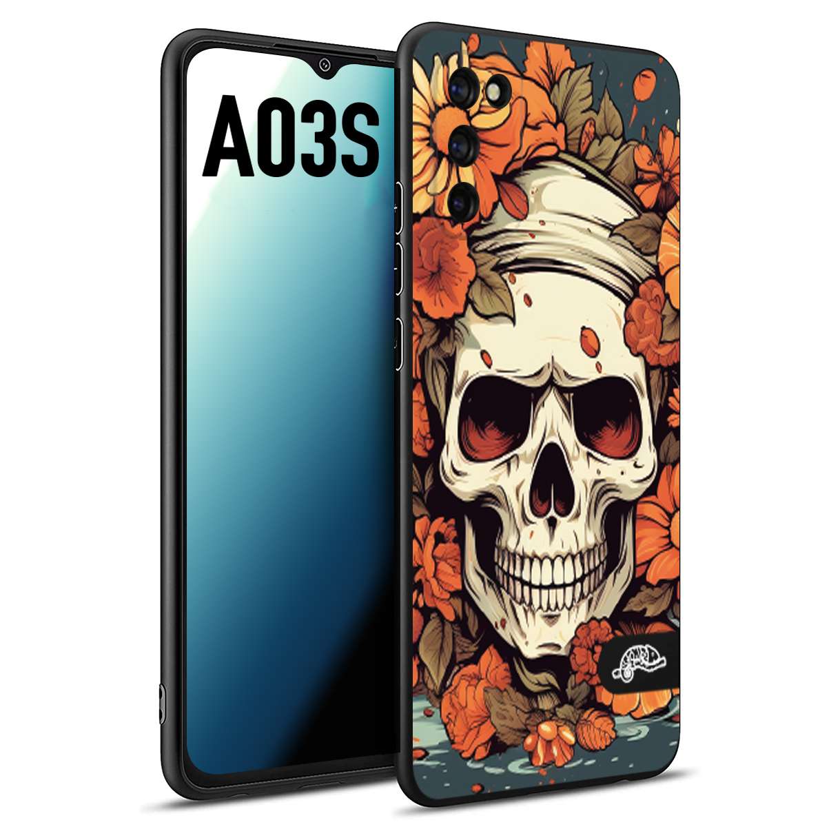 CUSTOMIZZA - Custodia cover nera morbida in tpu compatibile per Samsung A03S teschio skull flowers fiori tattoo disegnato alta definizione