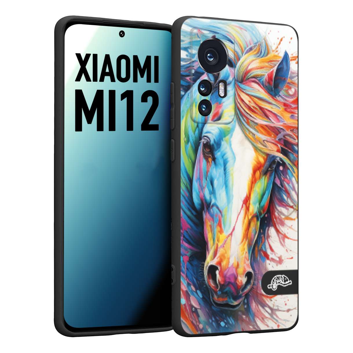 CUSTOMIZZA - Custodia cover nera morbida in tpu compatibile per Xiaomi 12 5G animali color cavallo horse viso colori vibranti disegnato schizzo