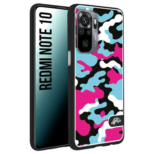 CUSTOMIZZA - Custodia cover nera morbida in tpu compatibile per Xiaomi Redmi Note 10 camouflage mimetico militare fucsia celeste