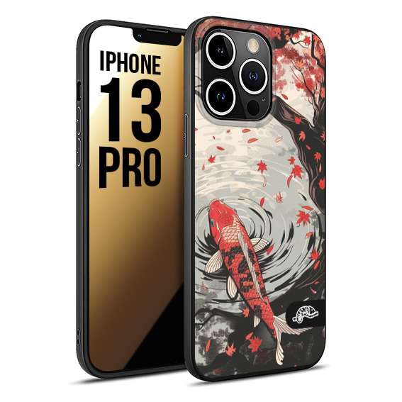 CUSTOMIZZA - Custodia cover nera morbida in tpu compatibile per iPhone 13 PRO giapponese lago carpa koi rossa con foglie d'acero rosso disegnata tattoo