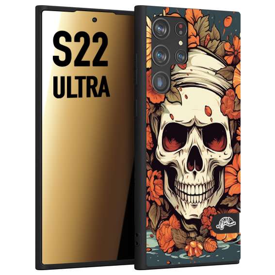 CUSTOMIZZA - Custodia cover nera morbida in tpu compatibile per Samsung S22 ULTRA teschio skull flowers fiori tattoo disegnato alta definizione