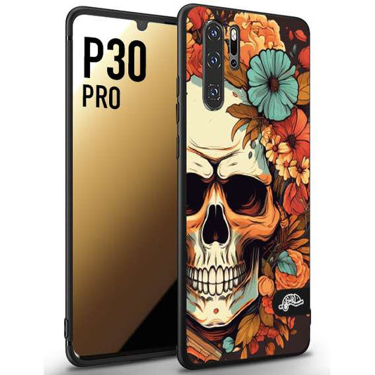 CUSTOMIZZA - Custodia cover nera morbida in tpu compatibile per Huawei P30 PRO teschio skull flowers fiori autunnali arancio celeste tattoo