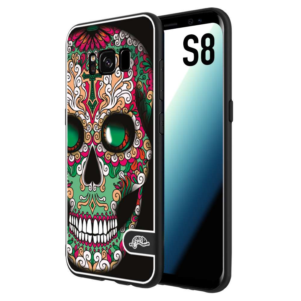 CUSTOMIZZA - Custodia cover nera morbida in tpu compatibile per Samsung S8 teschio messicano Mexican skull verde fucsia