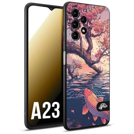 CUSTOMIZZA - Custodia cover nera morbida in tpu compatibile per Samsung A23 giapponese lago carpa koi rosa con foglie d'acero disegnata tattoo