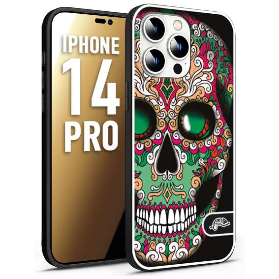 CUSTOMIZZA - Custodia cover nera morbida in tpu compatibile per iPhone 14 PRO teschio messicano Mexican skull verde fucsia