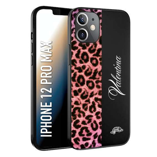 CUSTOMIZZA - Custodia cover nera morbida in tpu compatibile per iPhone 12 PRO MAX leopardato rosa fucsia personalizzata nome iniziali