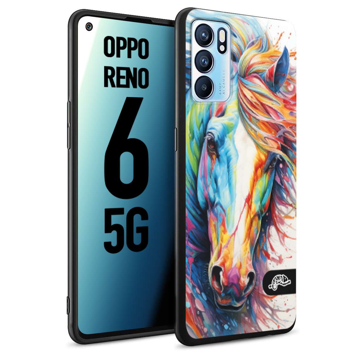 CUSTOMIZZA - Custodia cover nera morbida in tpu compatibile per Oppo Reno 6 5G animali color cavallo horse viso colori vibranti disegnato schizzo