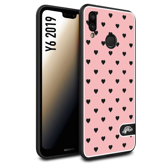 CUSTOMIZZA - Custodia cover nera morbida in tpu compatibile per Huawei Y6 2019 cuori pois rosa donna pin up vintage