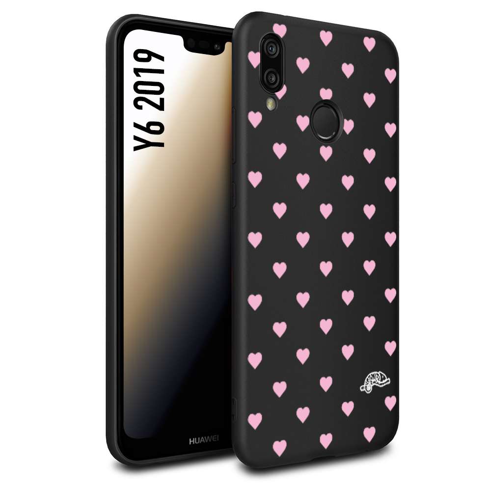 CUSTOMIZZA - Custodia cover nera morbida in tpu compatibile per Huawei Y6 2019 cuori pois rosa su nero donna pin up vintage