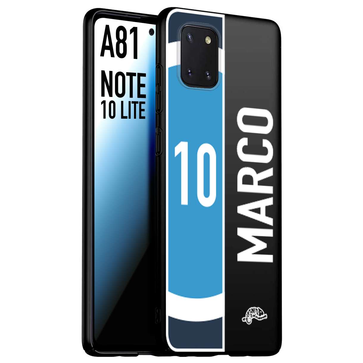 CUSTOMIZZA - Custodia cover nera morbida in tpu compatibile per Samsung A81 - Note 10 Lite personalizzata calcio football nome e numero calciatori biancoazzurri bianco celesti