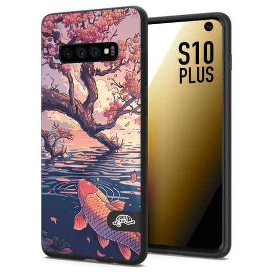 CUSTOMIZZA - Custodia cover nera morbida in tpu compatibile per Samsung S10 PLUS giapponese lago carpa koi rosa con foglie d'acero disegnata tattoo