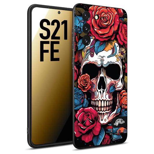 CUSTOMIZZA - Custodia cover nera morbida in tpu compatibile per Samsung S21 FE teschio skull flowers fiori rose rosse tattoo disegnato