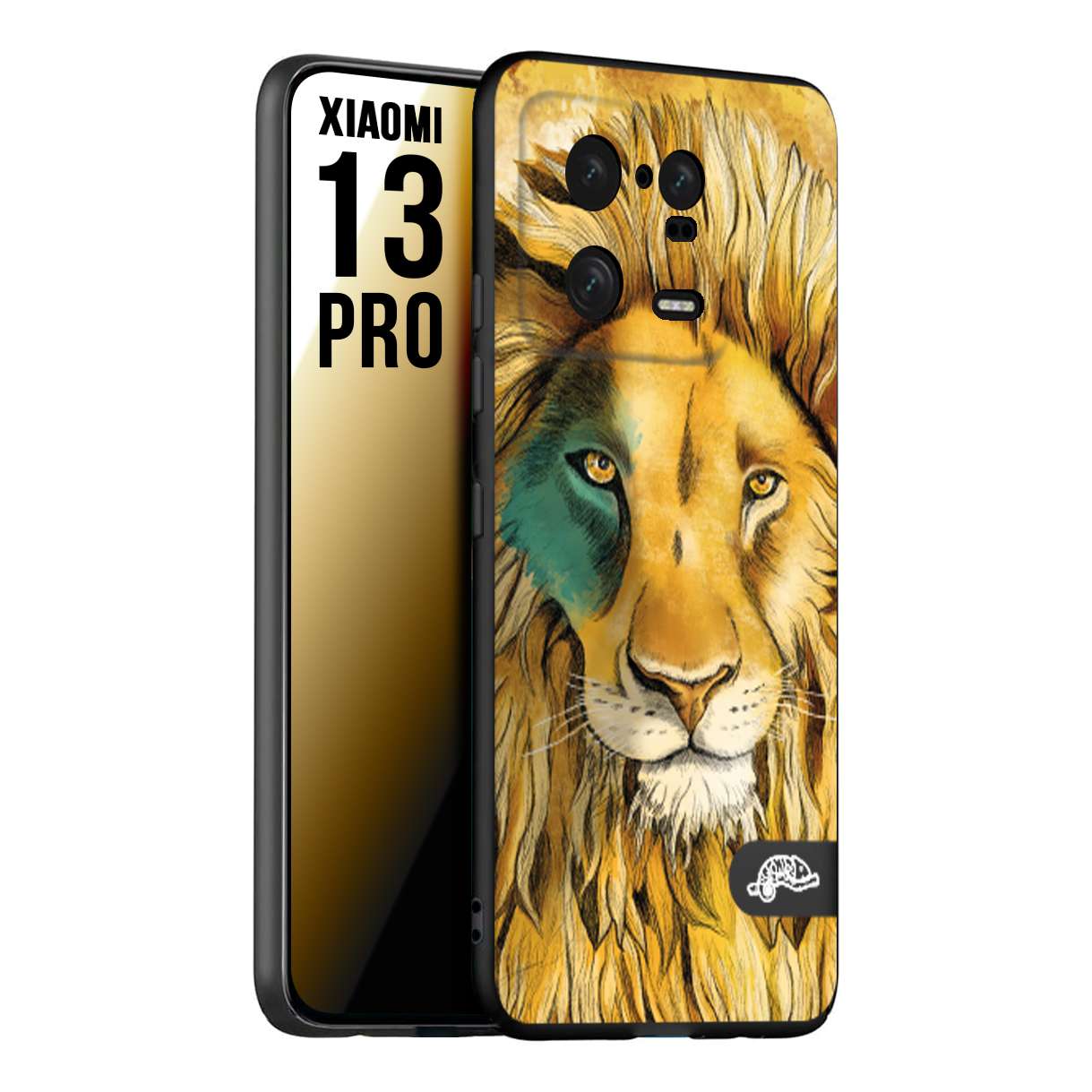 CUSTOMIZZA - Custodia cover nera morbida in tpu compatibile per Xiaomi 13 PRO leone lion disegnato a mano giallo blu a rilievo artistico brown