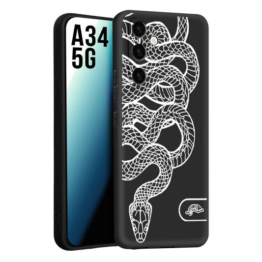 CUSTOMIZZA - Custodia cover nera morbida in tpu compatibile per Samsung A34 5G serpente snake bianco a rilievo disegnato tattoo tatuaggio