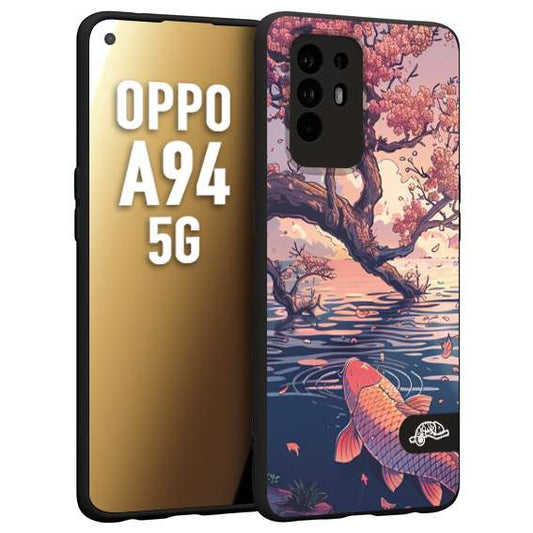 CUSTOMIZZA - Custodia cover nera morbida in tpu compatibile per Oppo A94 5G giapponese lago carpa koi rosa con foglie d'acero disegnata tattoo