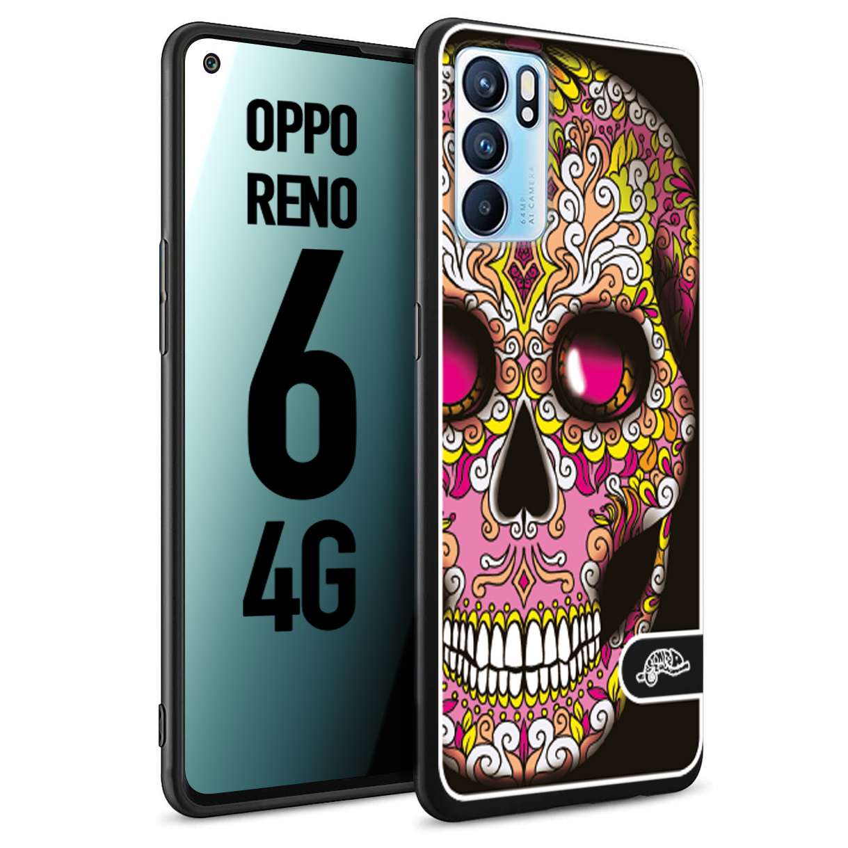 CUSTOMIZZA - Custodia cover nera morbida in tpu compatibile per Oppo Reno 6 4G teschio messicano Mexican skull rosa gialla