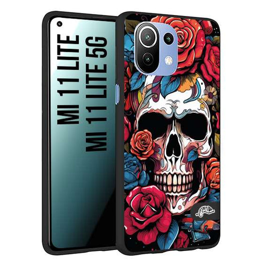 CUSTOMIZZA - Custodia cover nera morbida in tpu compatibile per Xiaomi Mi 11 Lite / Mi 11 Lite 5G teschio skull flowers fiori rose rosse tattoo disegnato