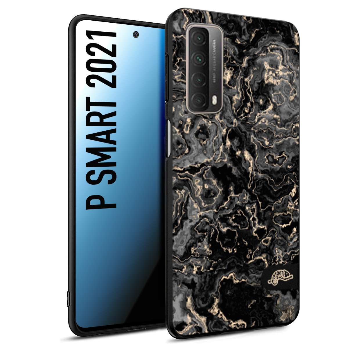 CUSTOMIZZA - Custodia cover nera morbida in tpu compatibile per Huawei P Smart 2021 effetto marmo marble nero black venature dorato pietra