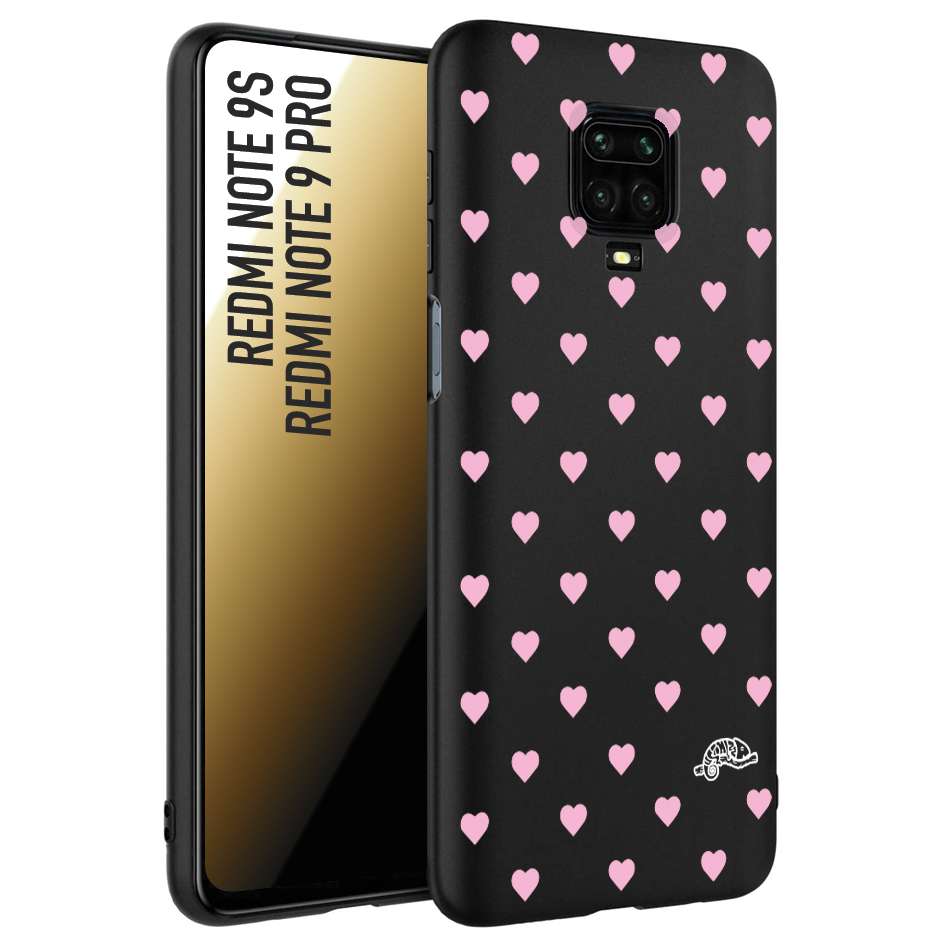 CUSTOMIZZA - Custodia cover nera morbida in tpu compatibile per Xiaomi Redmi Note 9S - Note 9 PRO cuori pois rosa su nero donna pin up vintage