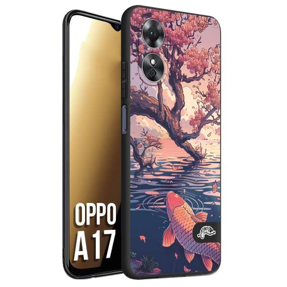 CUSTOMIZZA - Custodia cover nera morbida in tpu compatibile per Oppo A17 giapponese lago carpa koi rosa con foglie d'acero disegnata tattoo