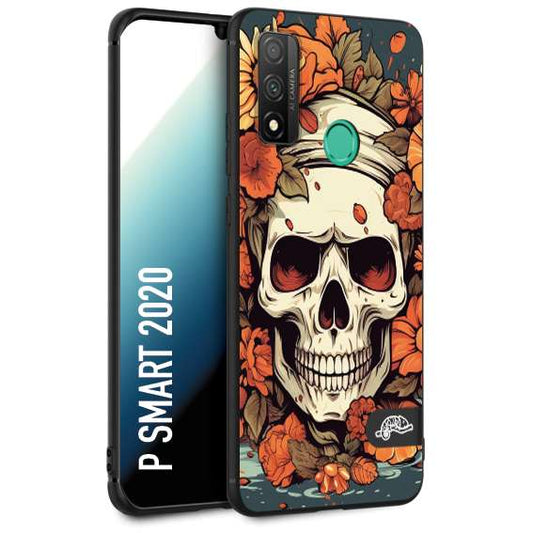 CUSTOMIZZA - Custodia cover nera morbida in tpu compatibile per Huawei P Smart 2020 teschio skull flowers fiori tattoo disegnato alta definizione