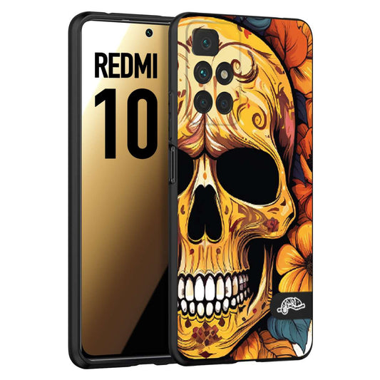 CUSTOMIZZA - Custodia cover nera morbida in tpu compatibile per Xiaomi Redmi 10 teschio messicano colorato dorato fiori autunnali disegnato