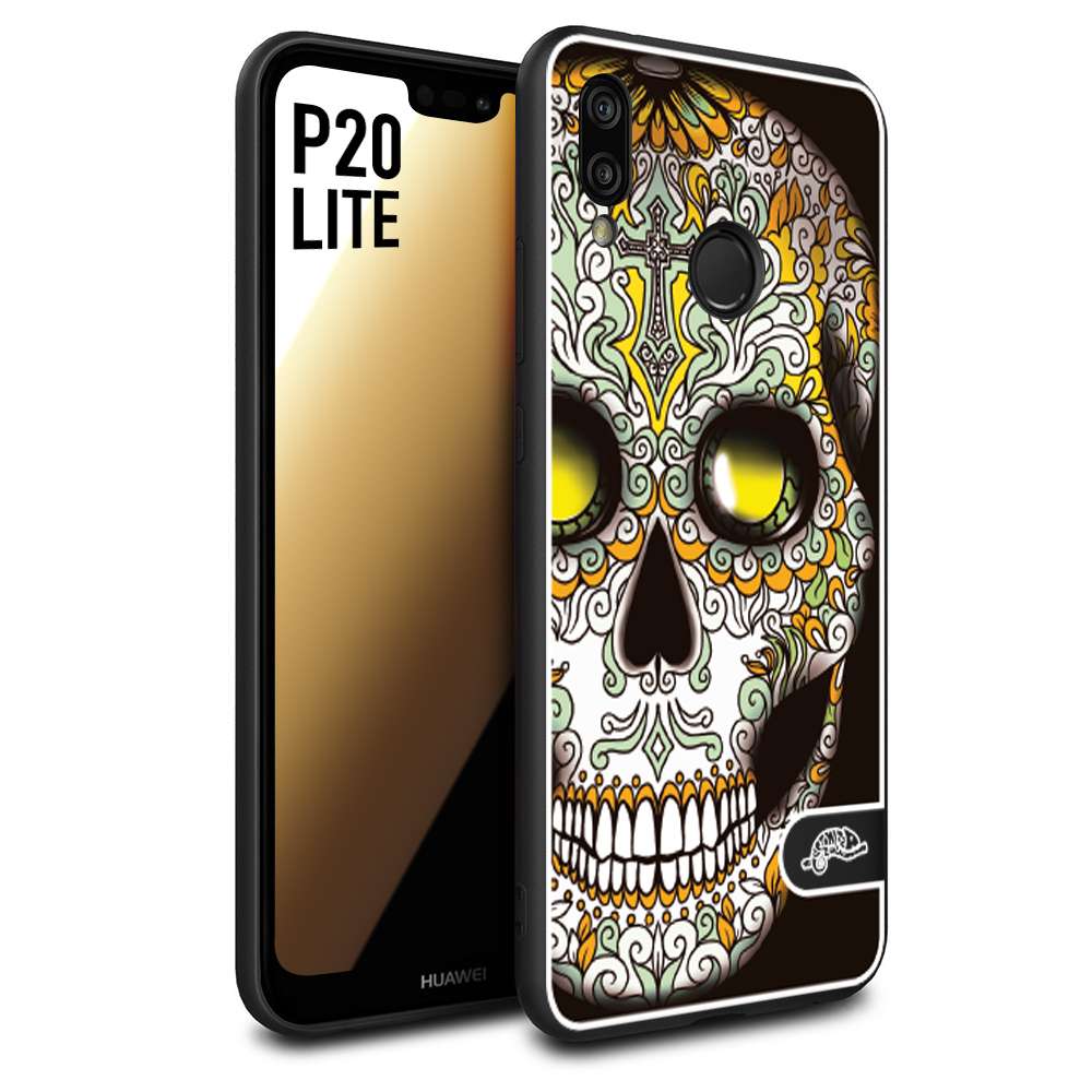 CUSTOMIZZA - Custodia cover nera morbida in tpu compatibile per Huawei P20 LITE teschio messicano Mexican skull bianco verde giallo