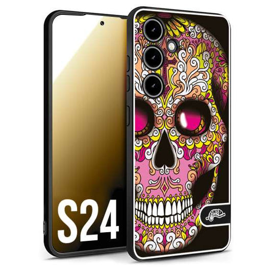 CUSTOMIZZA - Custodia cover nera morbida in tpu compatibile per Samsung S24 teschio messicano Mexican skull rosa gialla